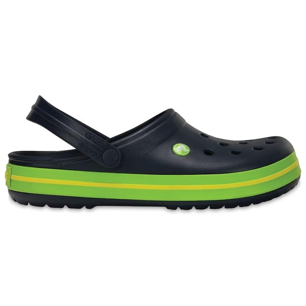 CROCS MEN'S AND WOMEN'S CROCBAND CLOG, NAVY/VOLT GREEN/LEMON, 9 WOMEN/7 MEN